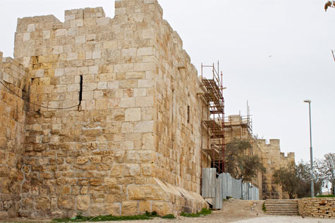 Scaffolding aids repair work on Old City walls outside Lions Gate