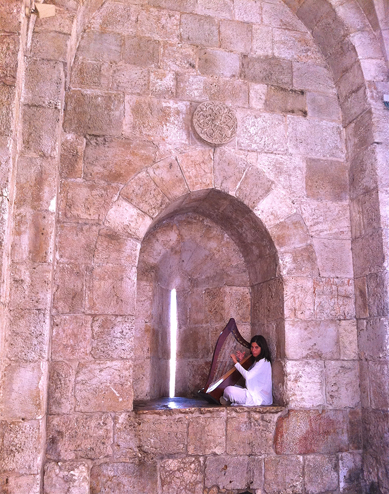 This harpist creates a peaceful ambiance of antiquity at Jaffa Gate